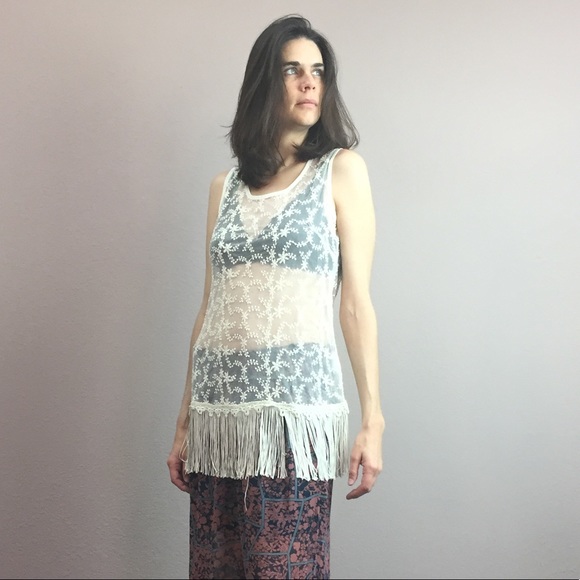 Areve Tops - A’reve Tunic Fringed Sleeveless Semi-Sheer Floral
